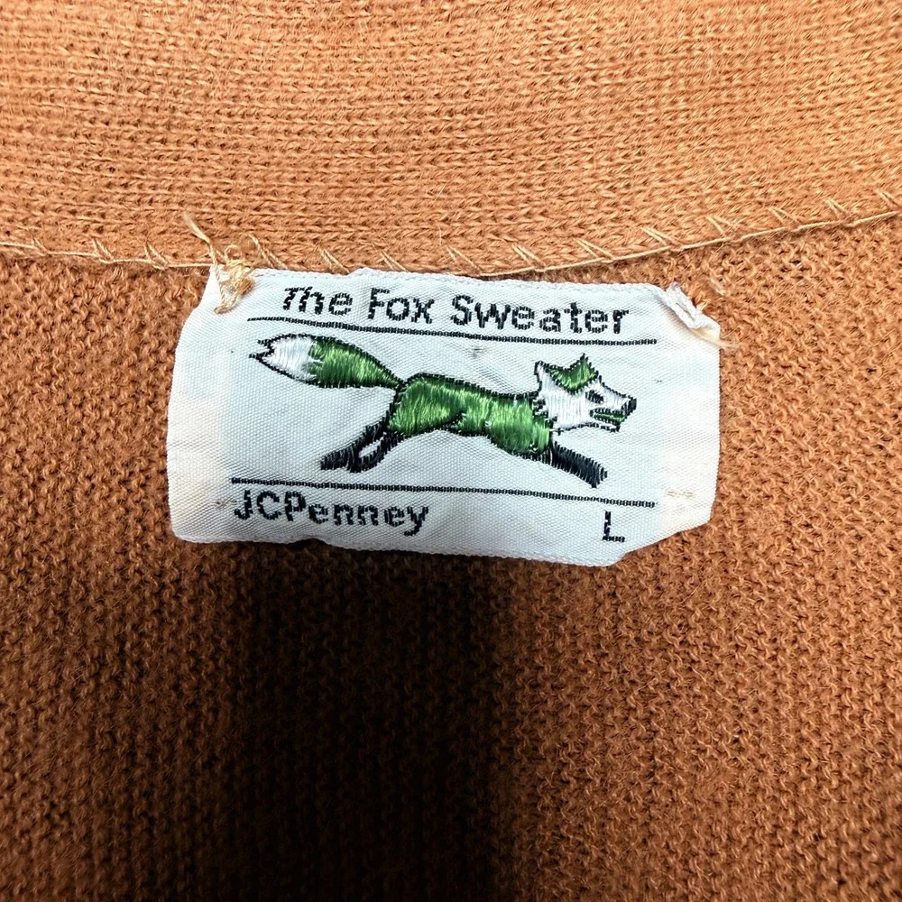 Vintage 80s JCPenney Fox Sweater Mens Large Camel Acrylic Knit Cardigan Grandpa